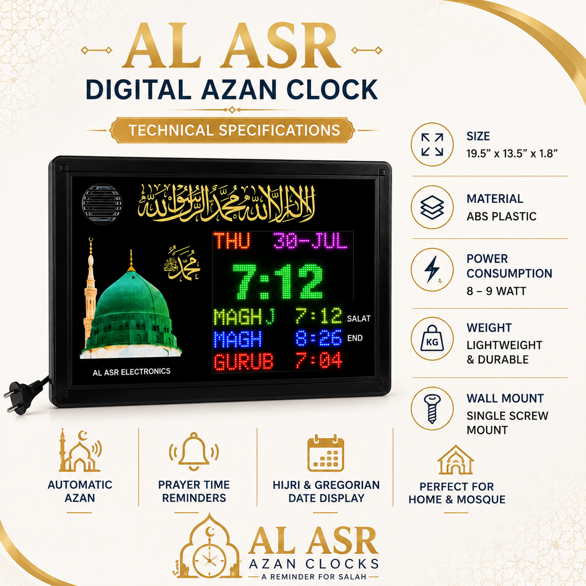 AL ASR Digital Azan Clock for Home | Muslim Prayer Times with Automatic Azan, LED Display, 5 Daily Salah Timings, Date & Day Display | Islamic Namaz Prayer Clock | Wall Mounted